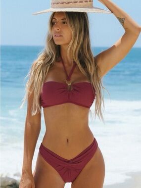 Cupshe Wine Halter Bandeau Bikini with Ring Accent
